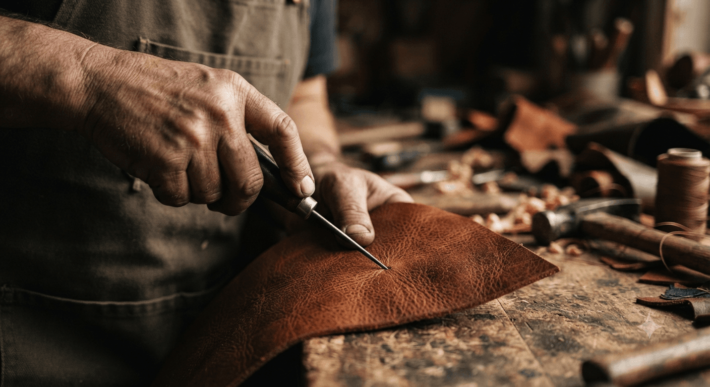 Artisan hand-cutting leather at KAIM Footwear, Agra