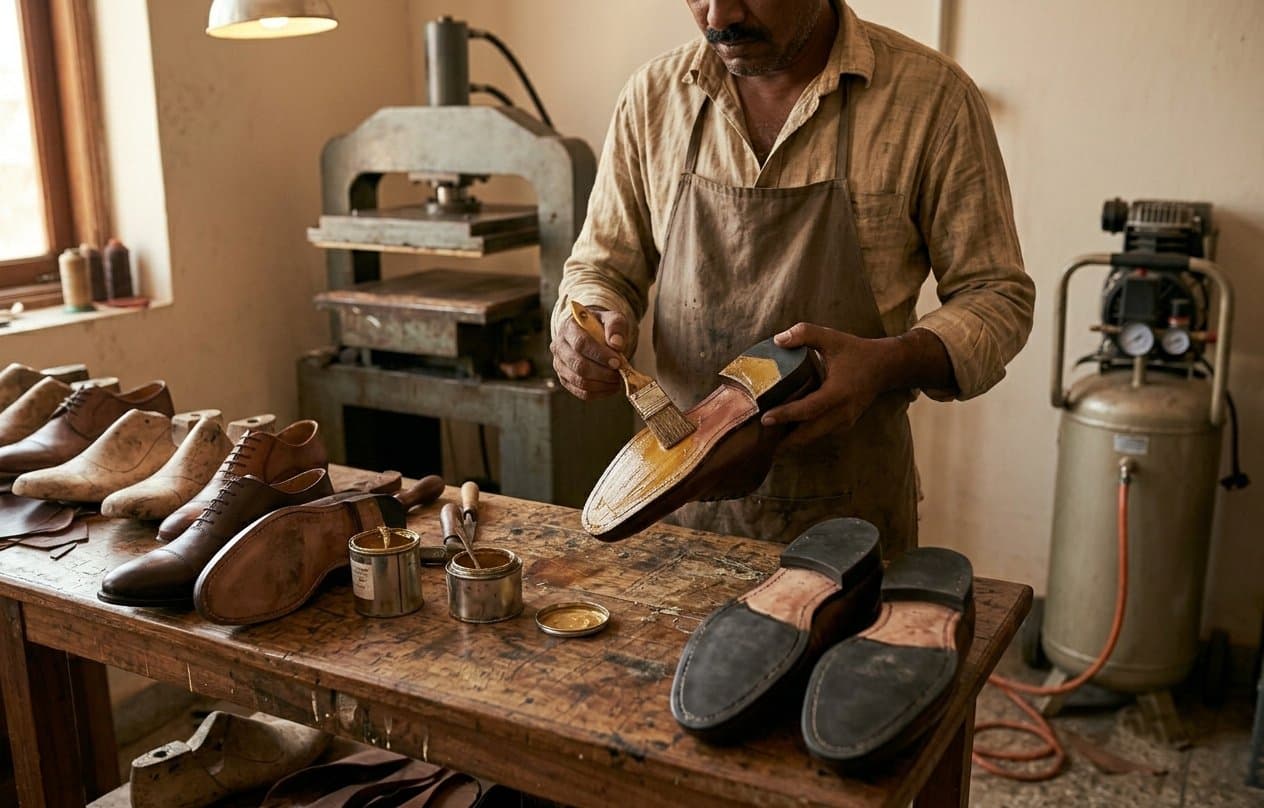 Pasting / Sole Attachment (पेस्टिंग) — footwear manufacturing process at KAIM Footwear, Agra