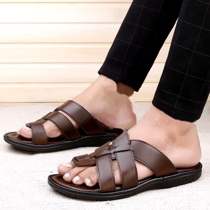 KAIM Roma Cross-Weave Slide in Brown - Men's Sandals