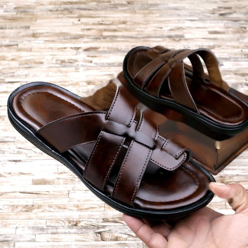 KAIM Roma Cross-Weave Slide in Brown - Men's Sandals