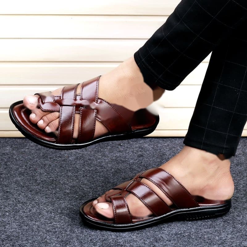 KAIM Roma Cross-Weave Slide in Brown - Men's Sandals