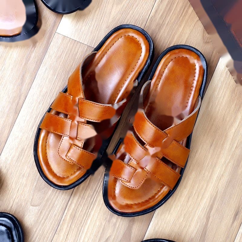 KAIM Roma Cross-Weave Slide in Brown - Men's Sandals